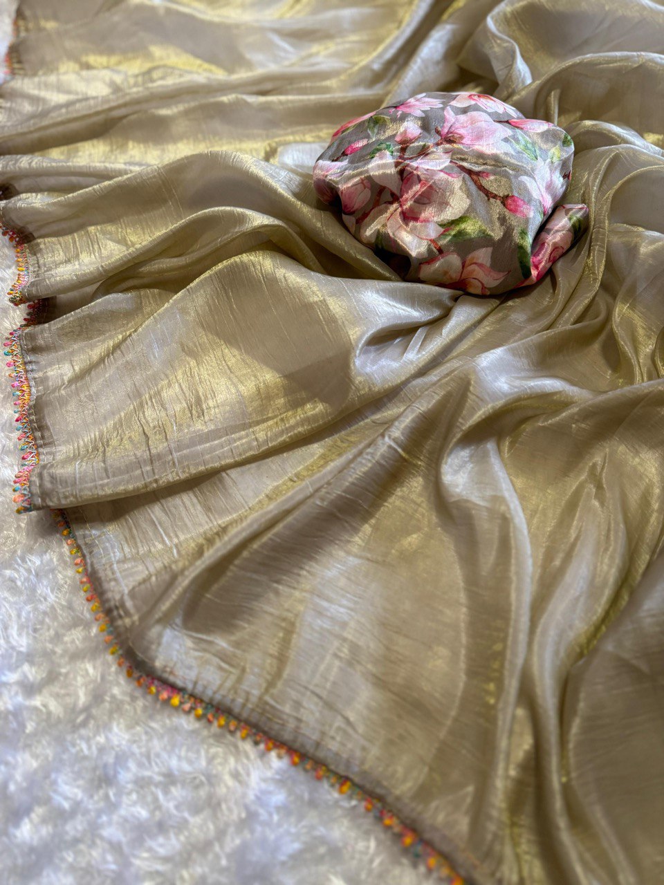 Extravaganza Cream Chinon Fabric Saree Rainbow🌈 Designer Lace With Blouse (Copy)