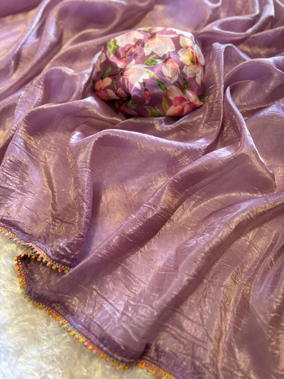 Extravaganza Pink Chinon Fabric Saree Rainbow🌈 Designer Lace With Blouse