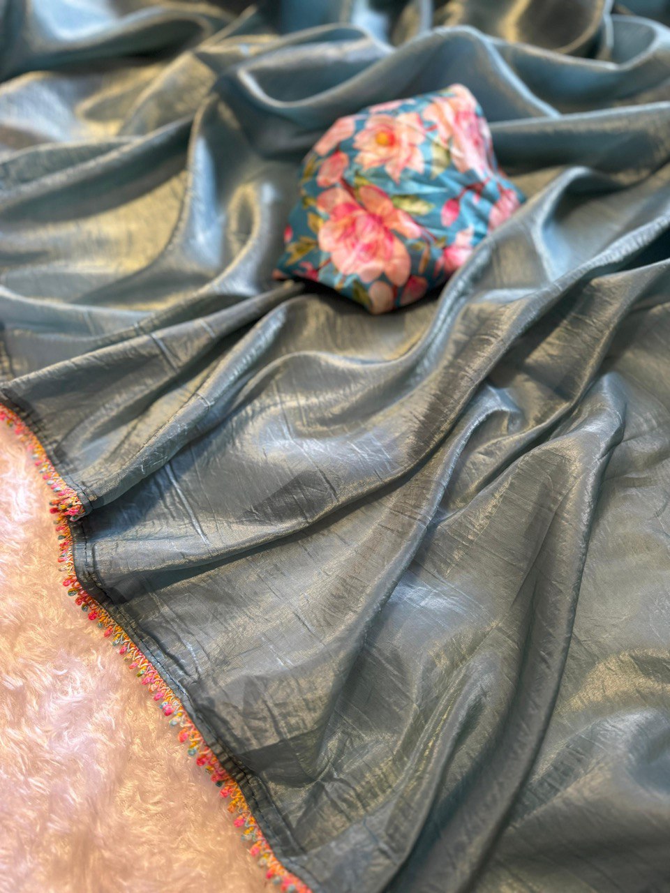 Extravaganza Grey Chinon Fabric Saree Rainbow🌈 Designer Lace With Blouse