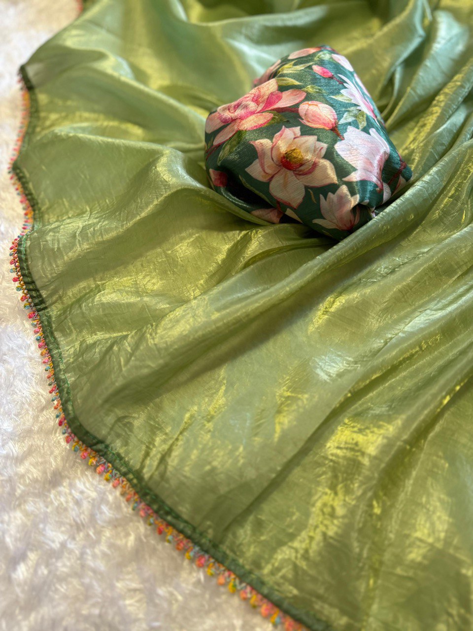 Extravaganza Pista Chinon Fabric Saree Rainbow🌈 Designer Lace With Blouse