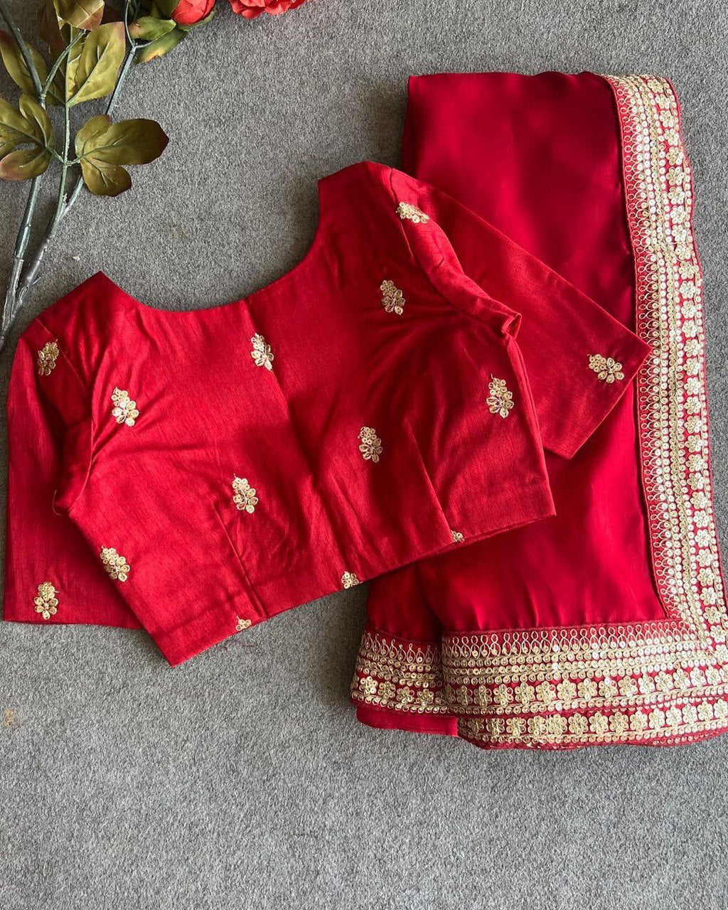 Breathtaking RED Embroidery Work Soft Silk Saree With Demanding Stiched-Blouse Piece
