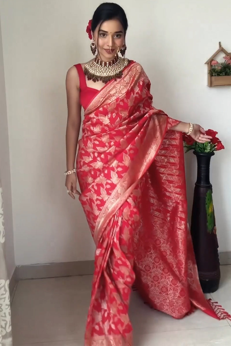 Dhara 1-Minute Ready To Wear Red Soft Silk Saree – Zariknyaa