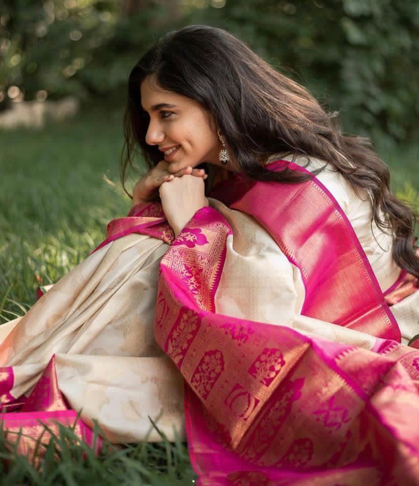 Abhilasha Whiet Pink Traditional Pure Soft Silk Sari With Attached Blouse 