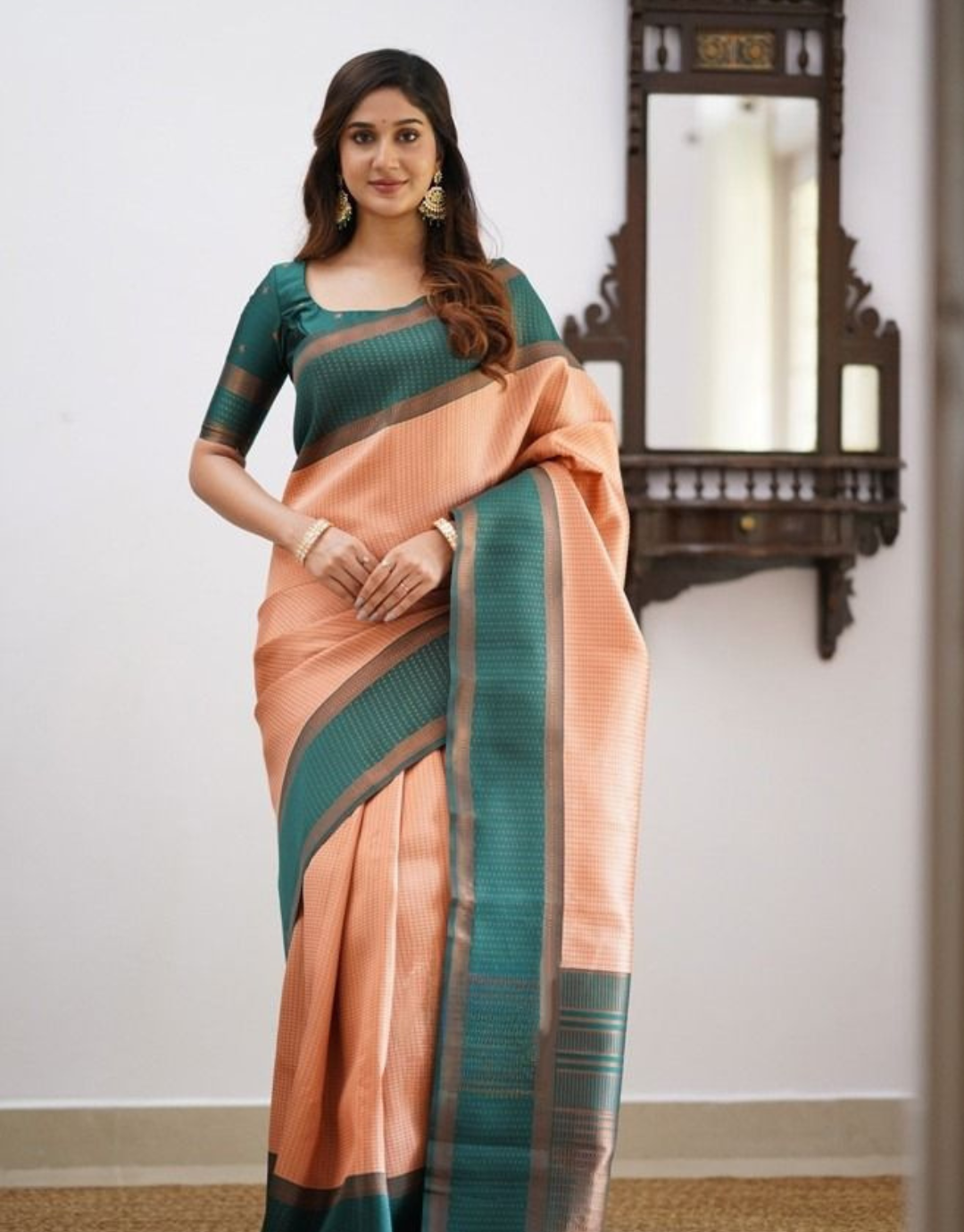 Nishu Peach Kanchipuram Silk Saree With Attached Blouse