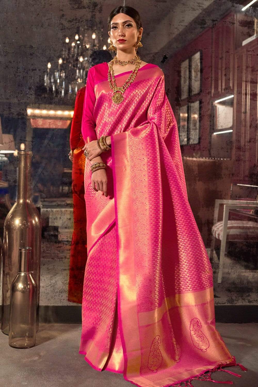 Buy SUKANYA Fabrics Women's shubh Kanchipuram Banarasi Lichi Silk Saree  With Blouse Piece (Rani pink colour) at Amazon.in