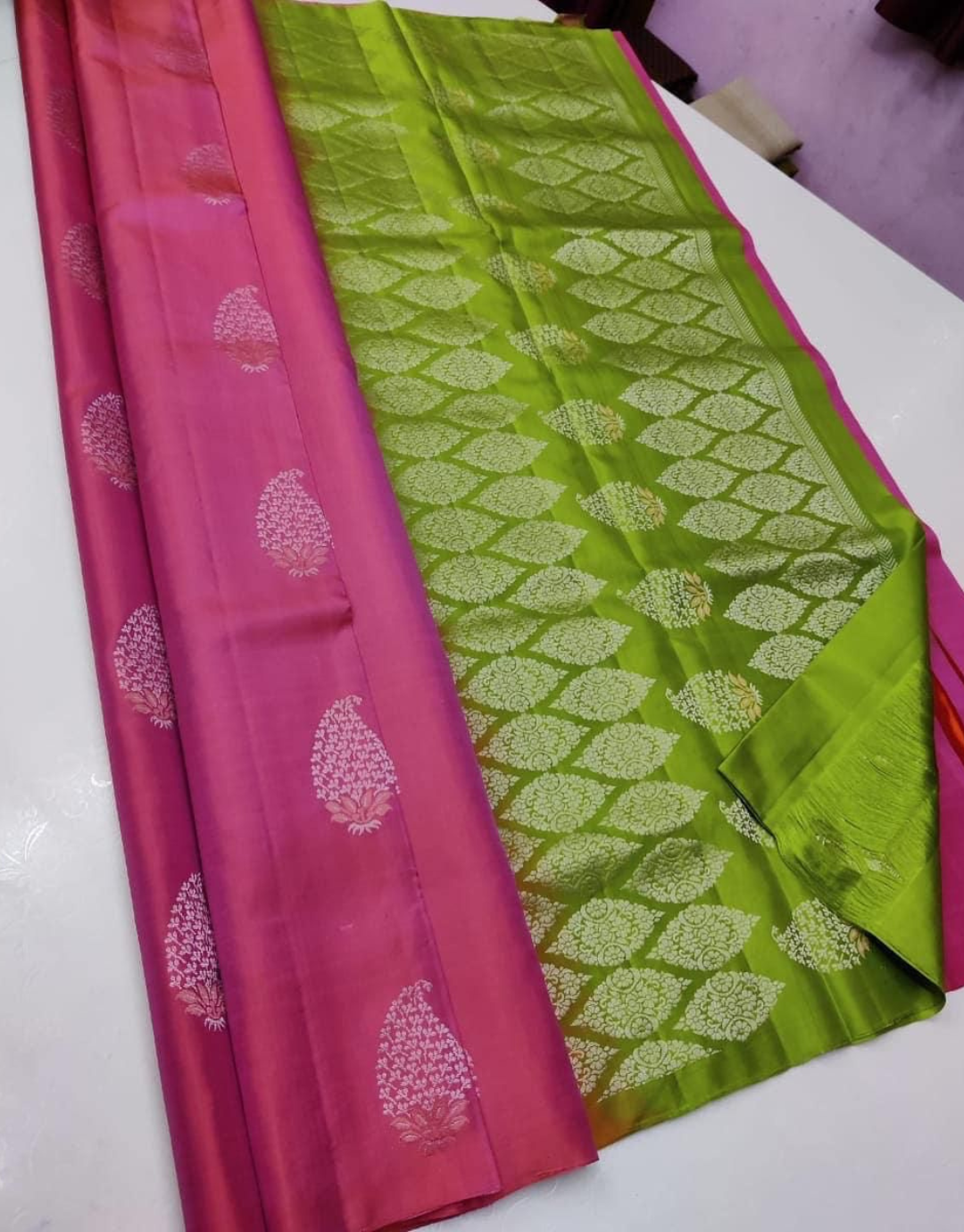 Jinita Pink-Green Soft Silk Saree