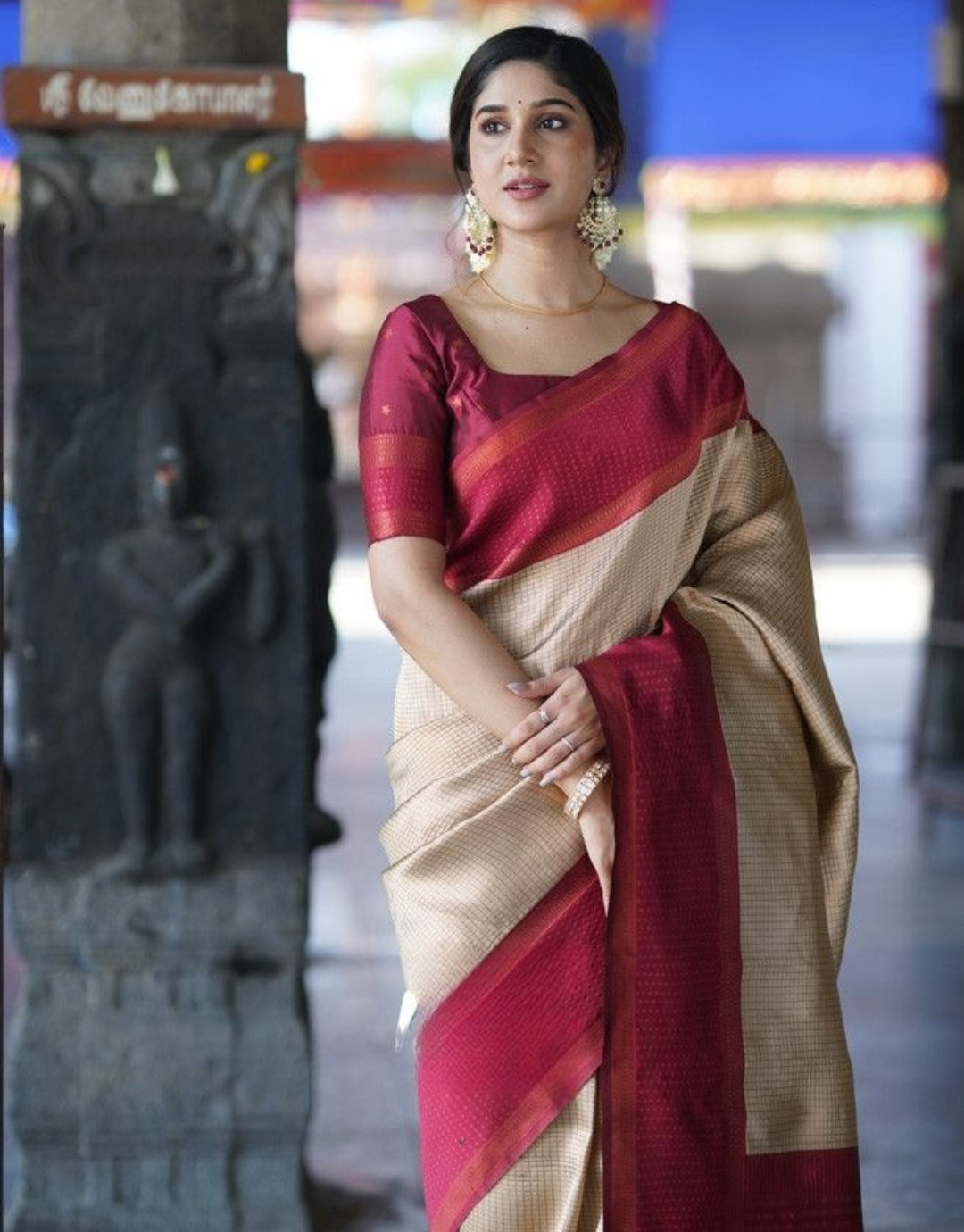Nishu Beige Kanchipuram Silk Saree With Attached Blouse