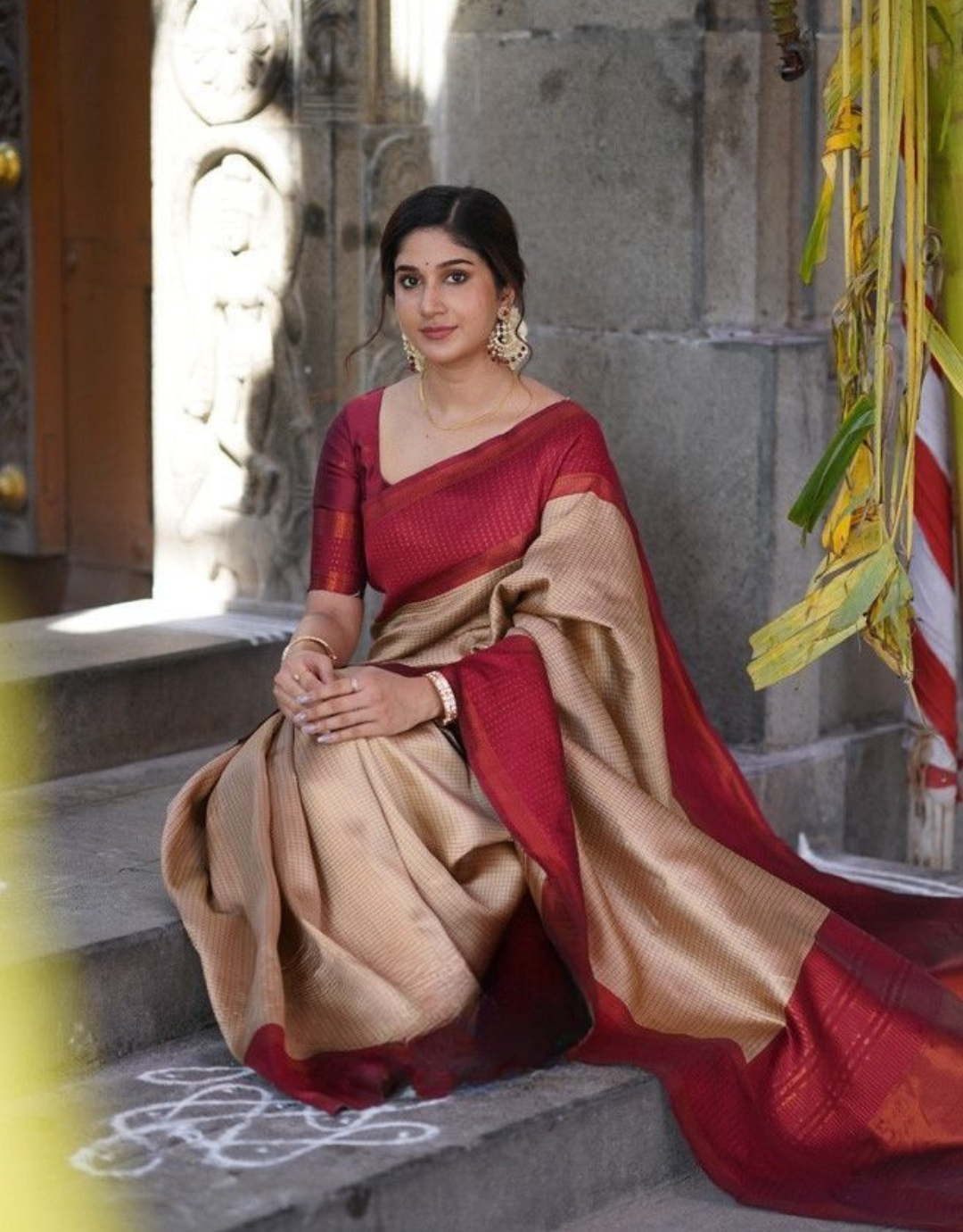 Beige Banarasi Silk Saree With Contrast Blouse - Sarees Designer Collection