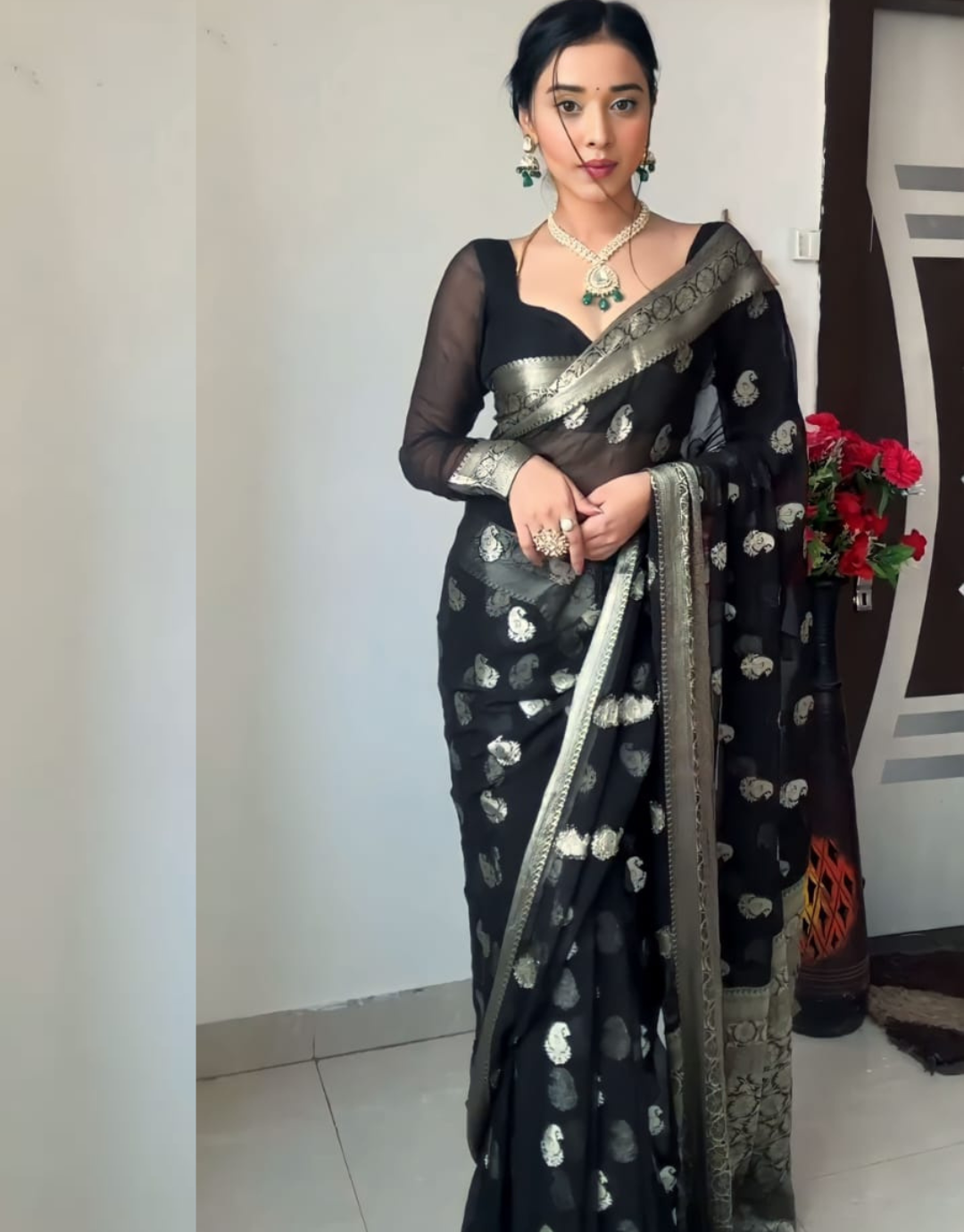 Ruchika Black Just One Minute Ready To Wear Soft Lichi Silk Saree with Attractive Blouse