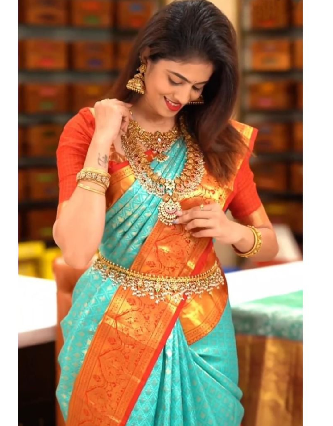 Tara Turquoise Green-Red Kanchipuram Soft Silk Saree