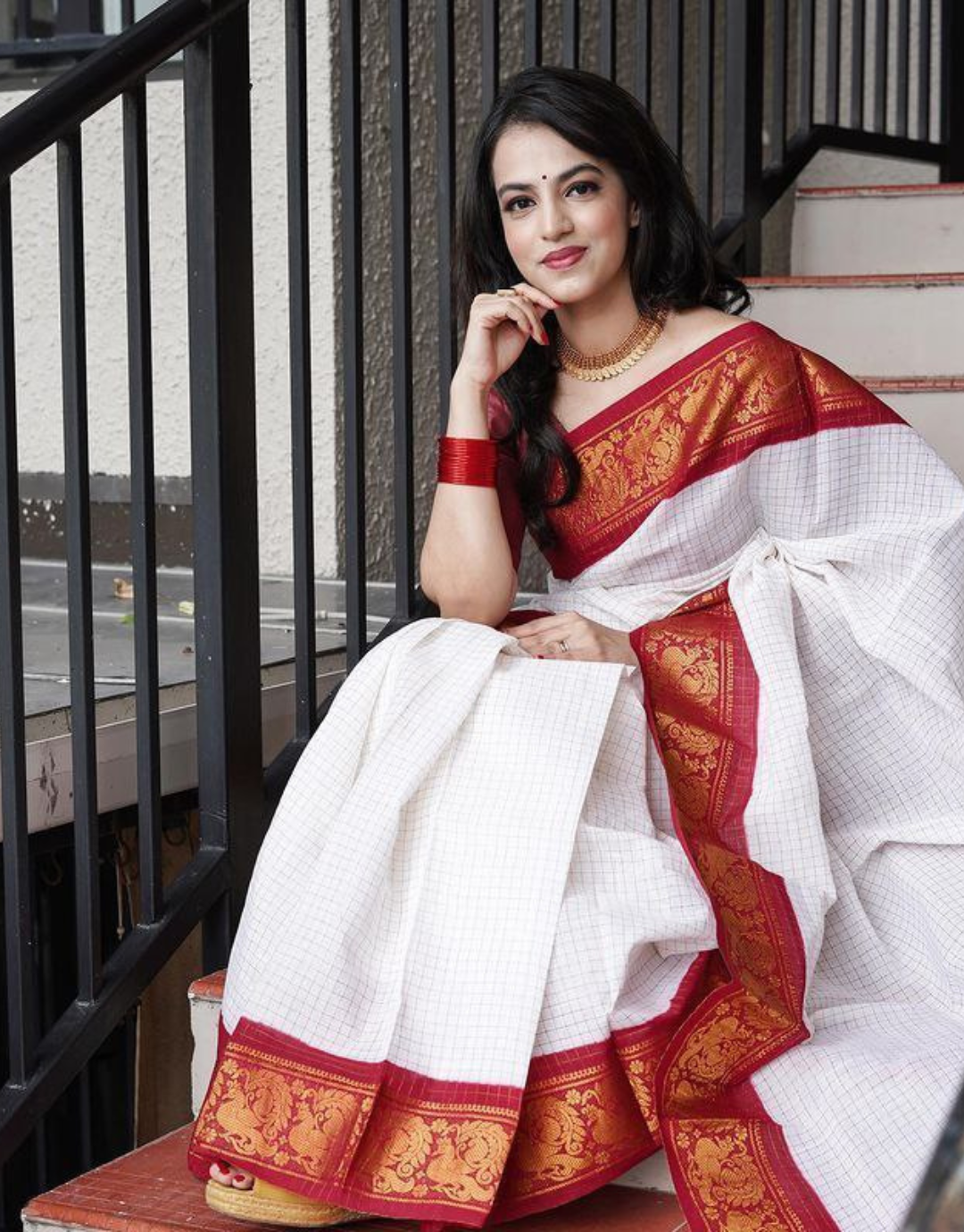 Red And White Durga Puja Navratri Saree Silk Sari Indian Printed Saree  Blouse | eBay
