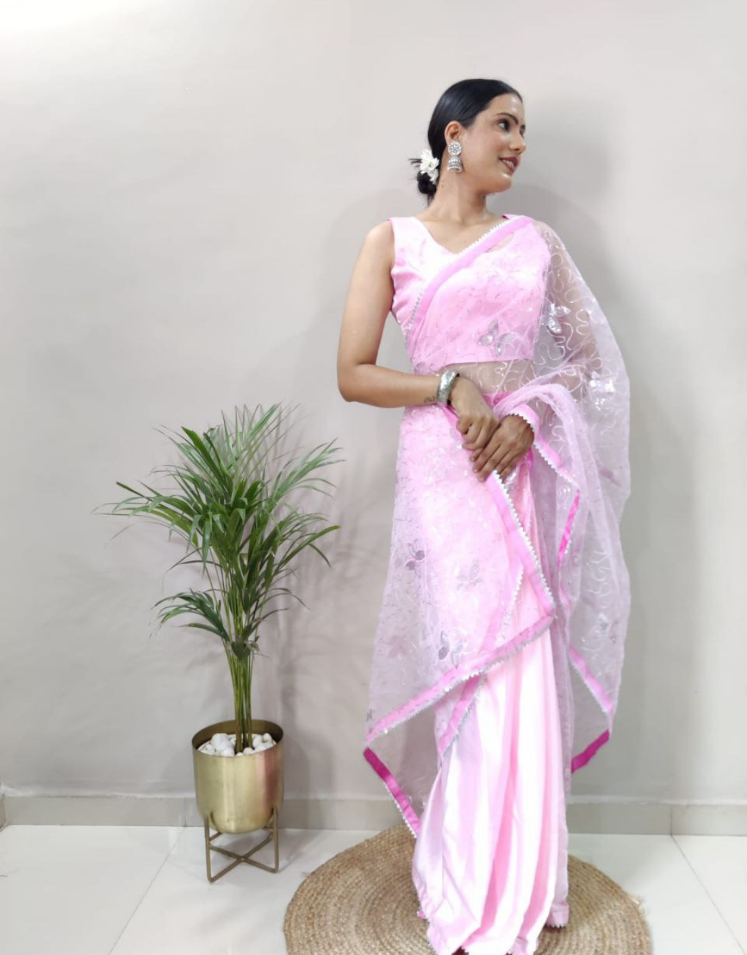 Candy pink marble printed organza saree by Magizham | The Secret Label