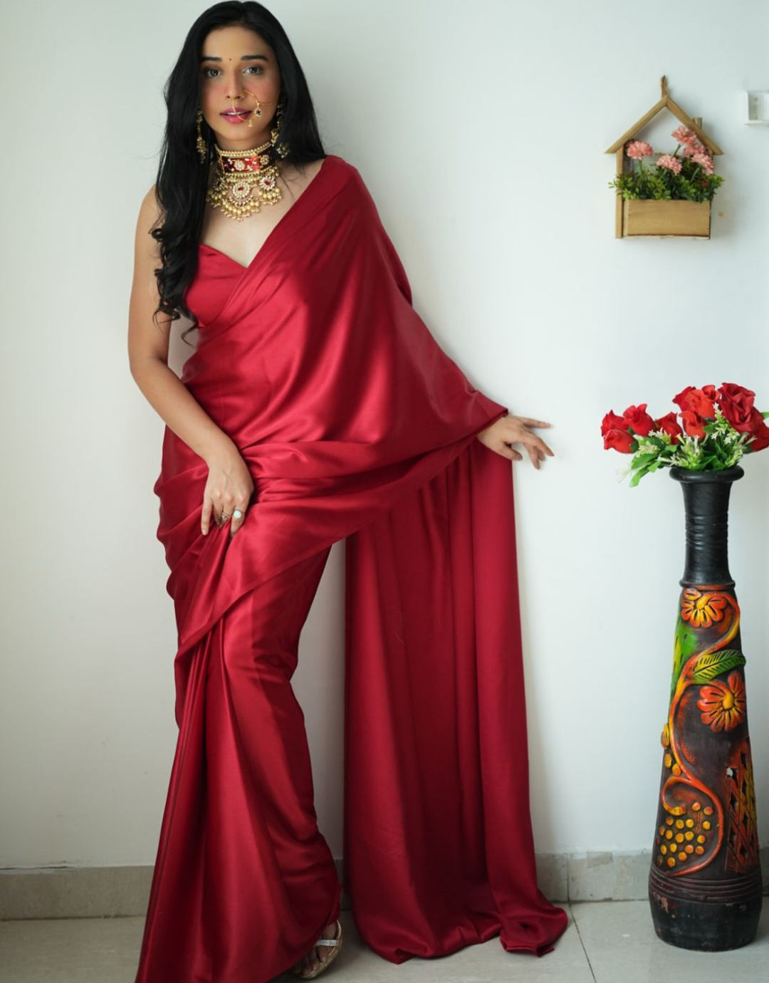 Kinjal Red Ready To Wear Satin Silk Saree