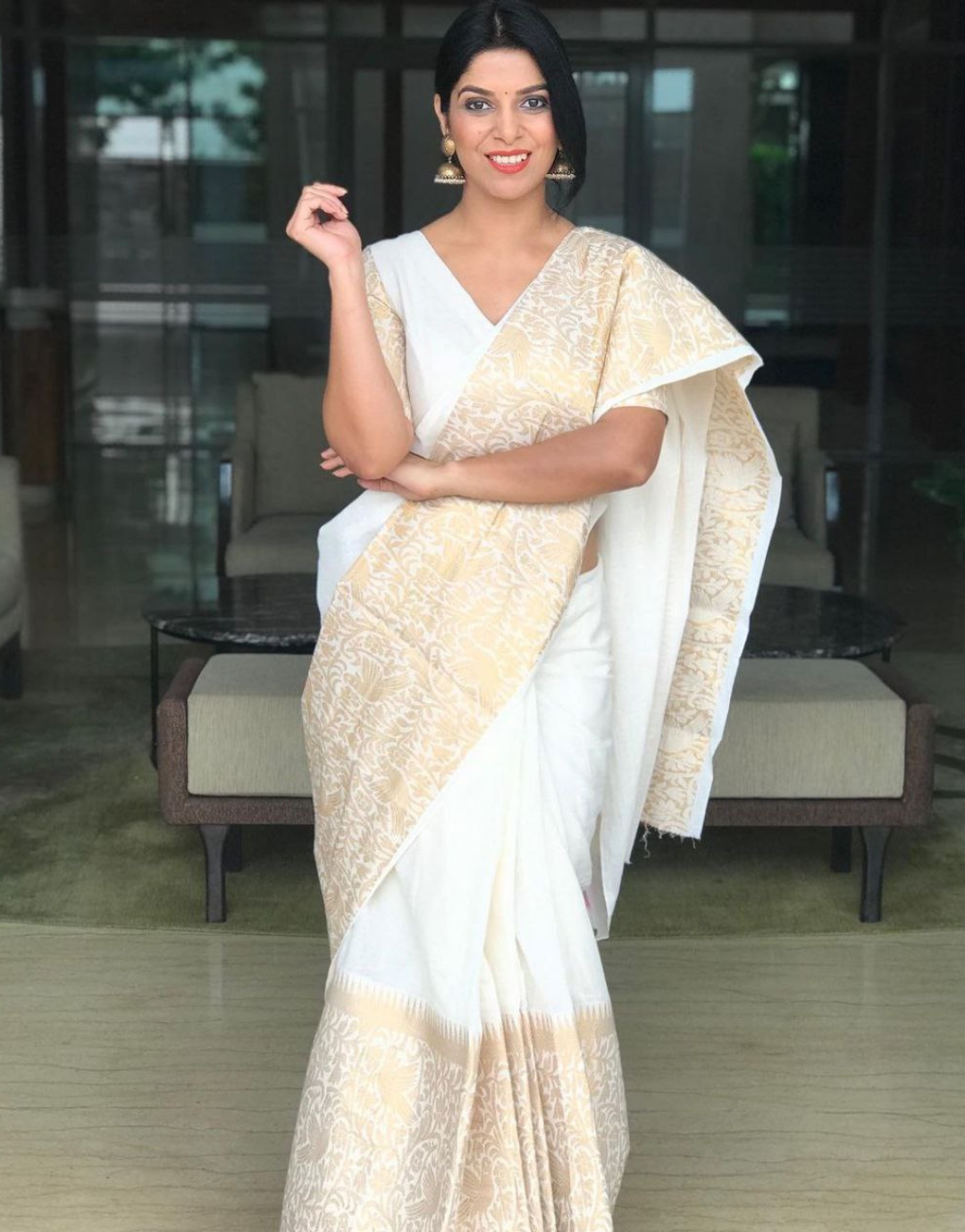 Buy Off White Saree Viscose Georgette Border With Bishop Sleeve Blouse For  Women by Aariyana Couture Online at Aza Fashions.