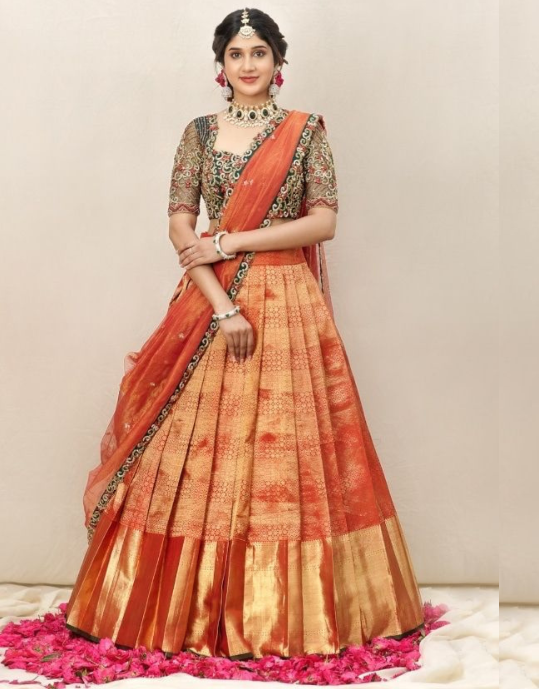 Party Wear Green Orange Art Silk Thread With Sequince Embroidered Work  Lehenga Choli - VJV Now - India