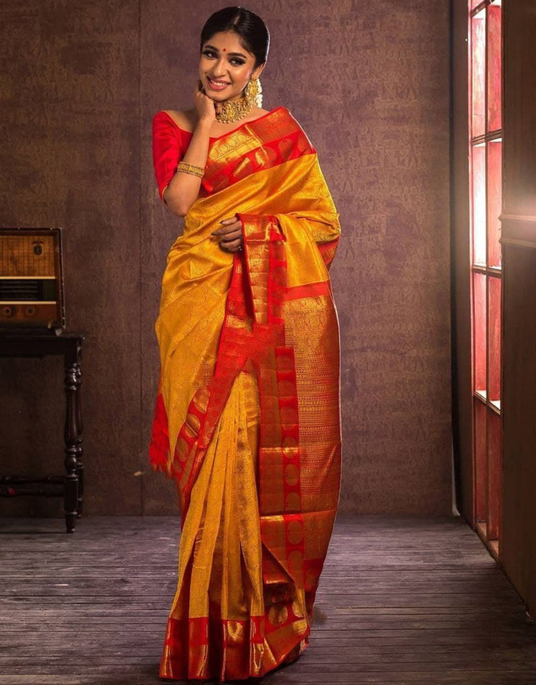 Buy Yellow And Red Banarasi Silk Heavy Embroidered Designer Saree |  Designer Sarees