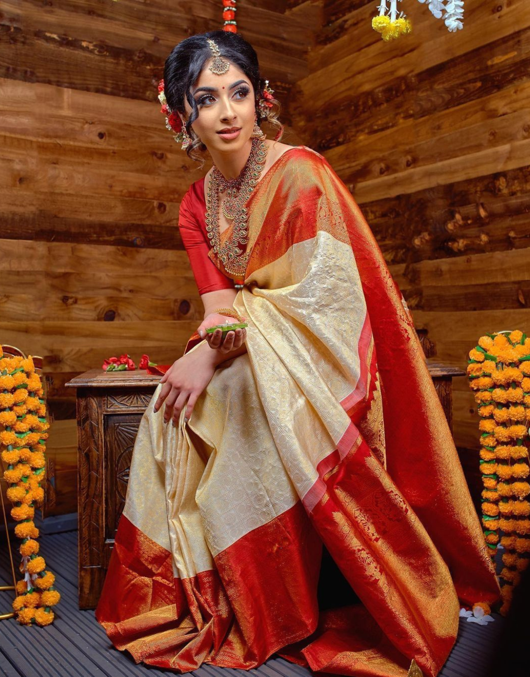 Woven Art Silk Saree in Off White and Red : SSF22733