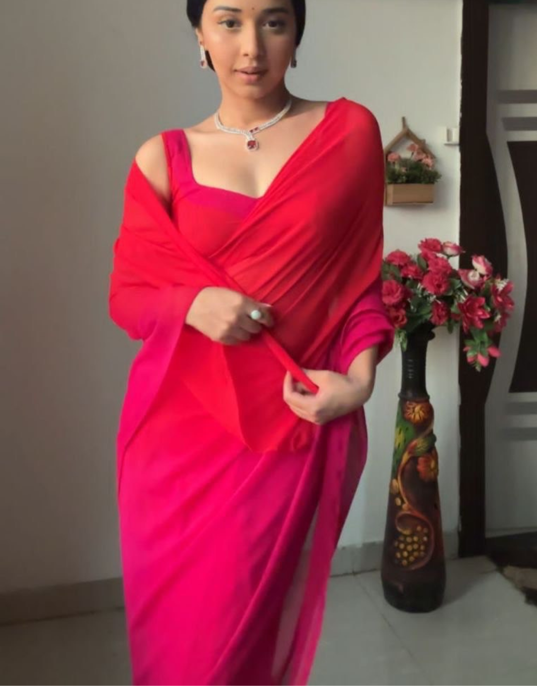 Ziya Pink And Red Ready To Wear Soft Silk Saree