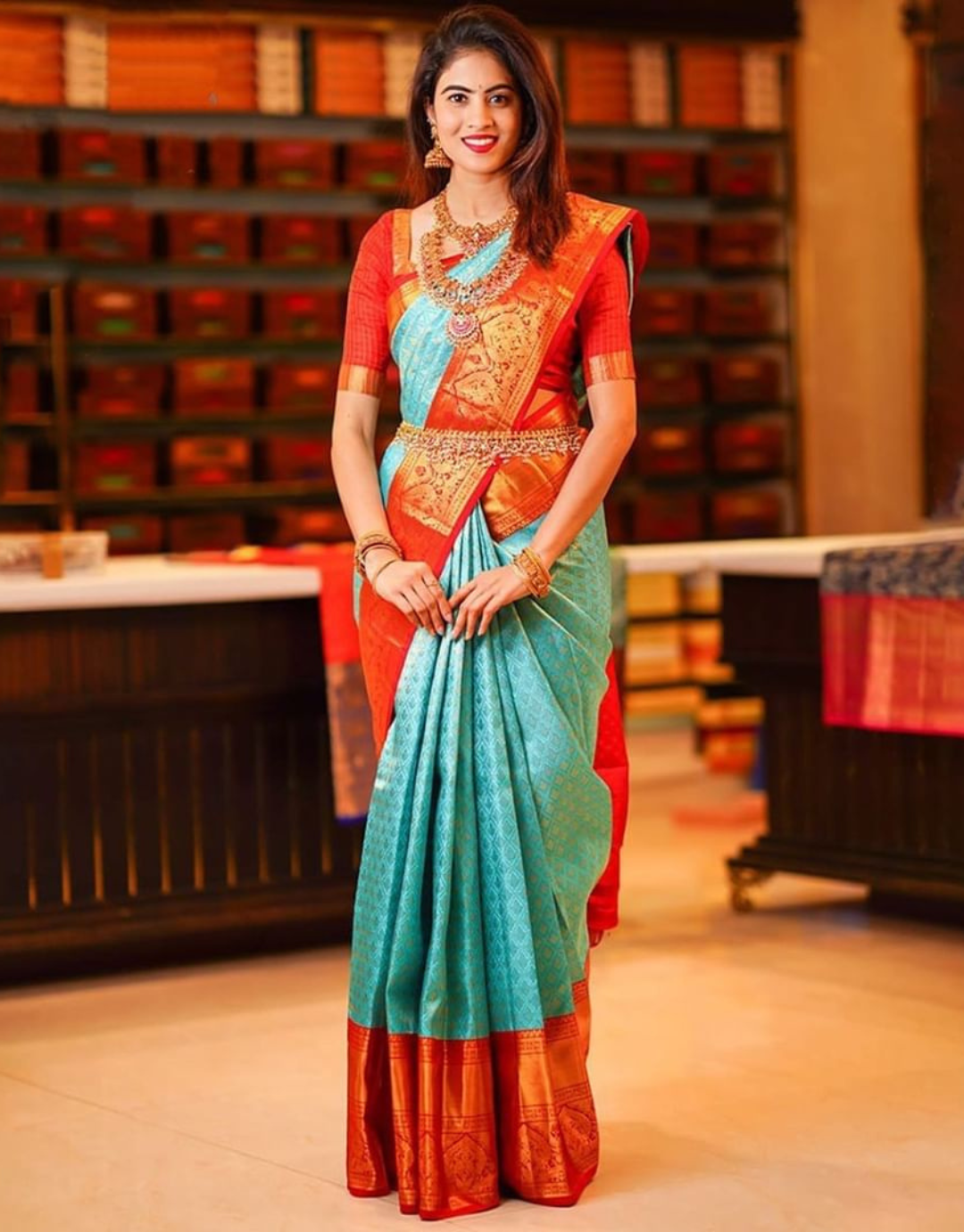 Tara Turquoise Green-Red Kanchipuram Soft Silk Saree