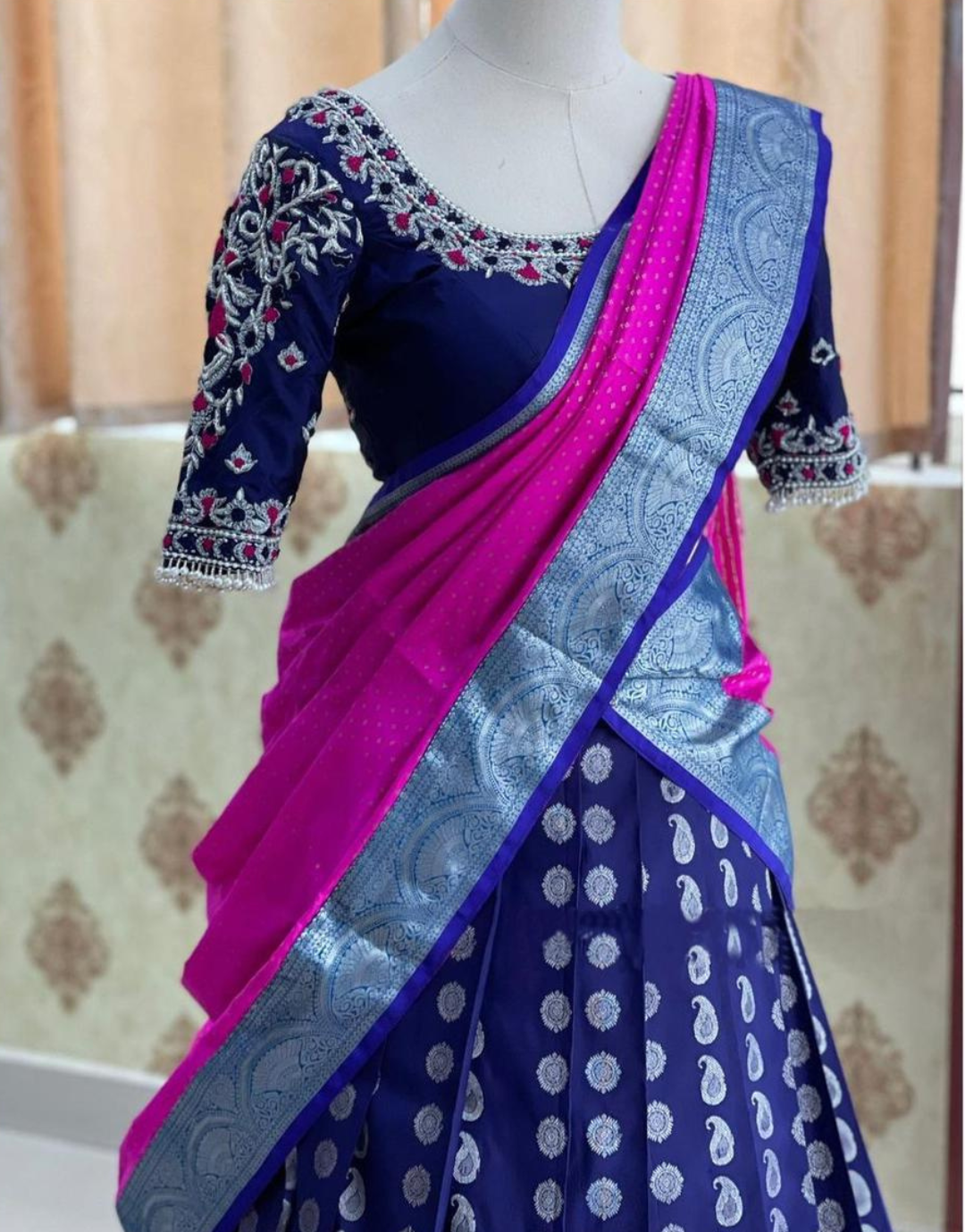 Versatile Silk Patch Border Magenta and Navy Blue Designer Half N Half Saree  -