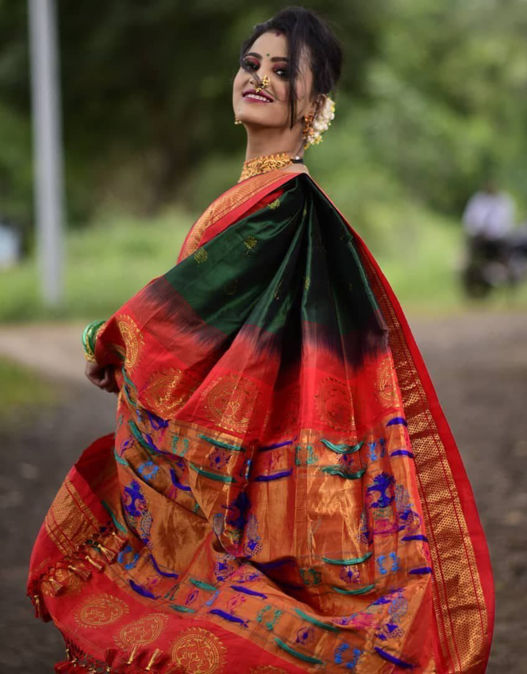 Dark Green Paithani Saree With Fancy Meena & Zari Weaving Work – Sareewave