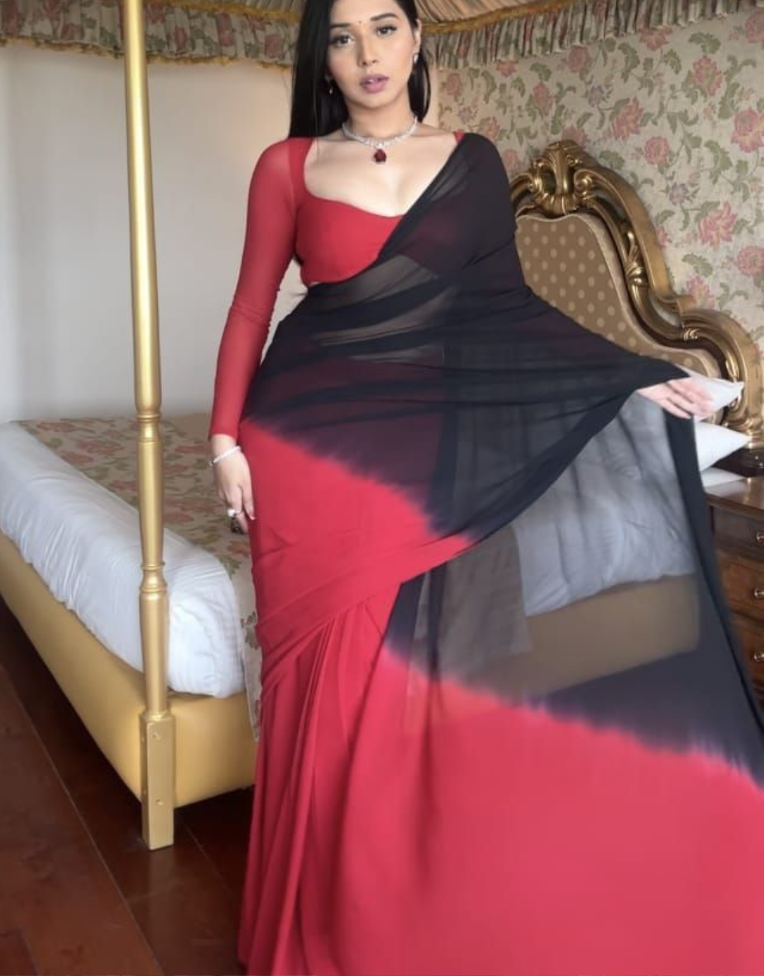 Sejal Red-Black Ready To Wear Soft Silk Saree