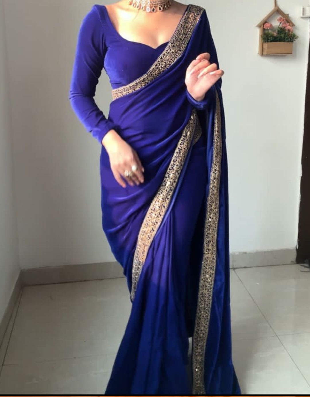 Fozia Khalid - RANYA - Saree - Velvet - Navy Blue - 2 Piece