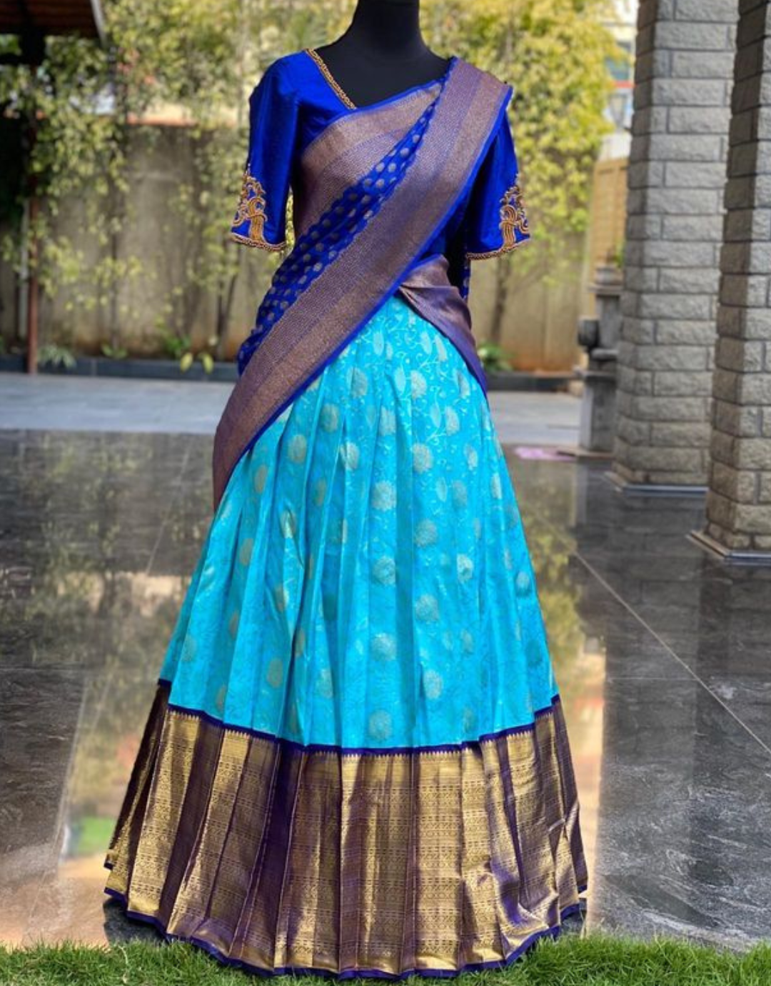 Peacock Blue Half Saree by Sony Fashions  http://www.maguvathefashionworld.com/2014/08/peacock-blue-half-saree-by-sony-fashions.html#.U…  | Half saree, Fashion, Saree