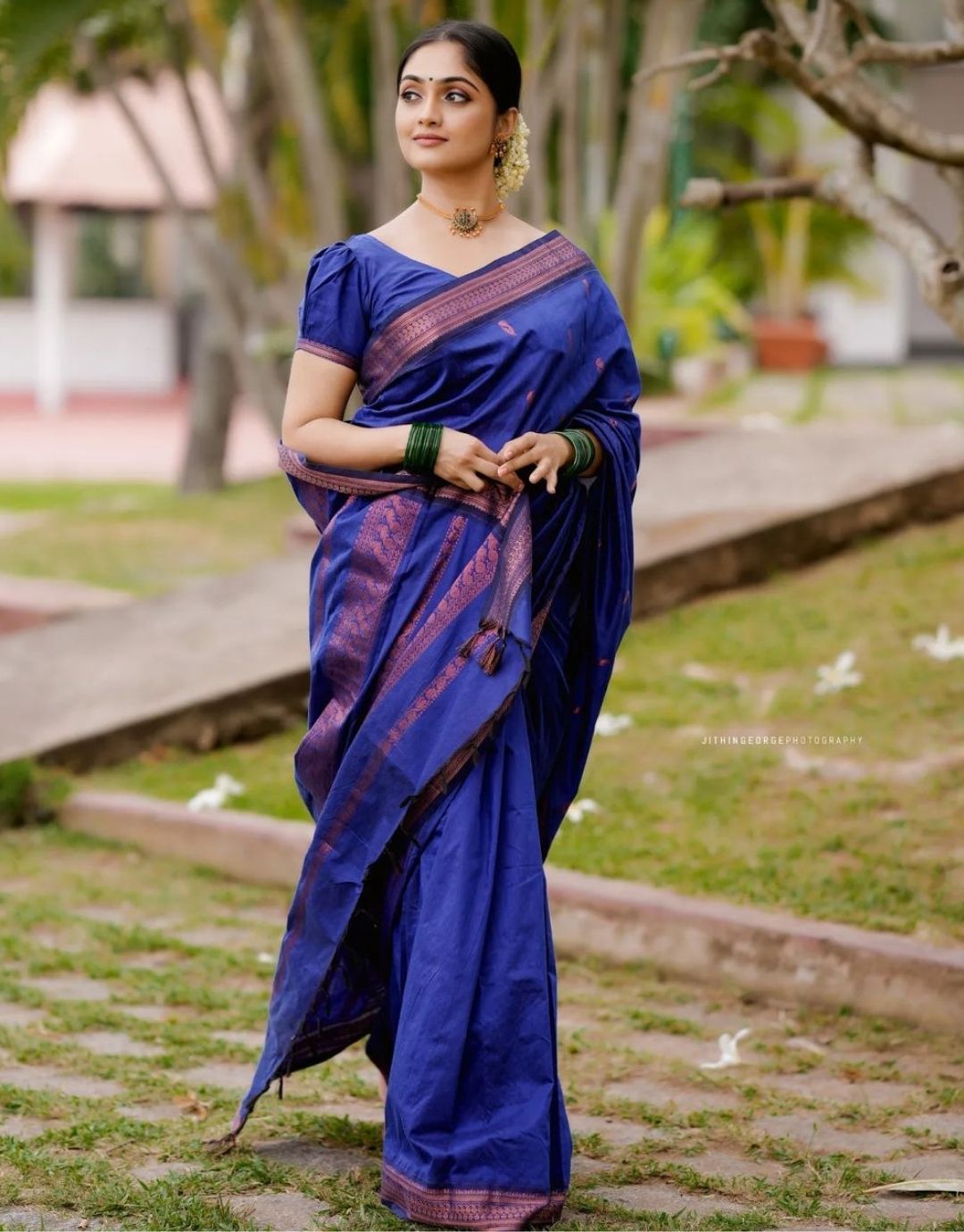 Navy Blue Kora Cotton Saree – Vastrabharana