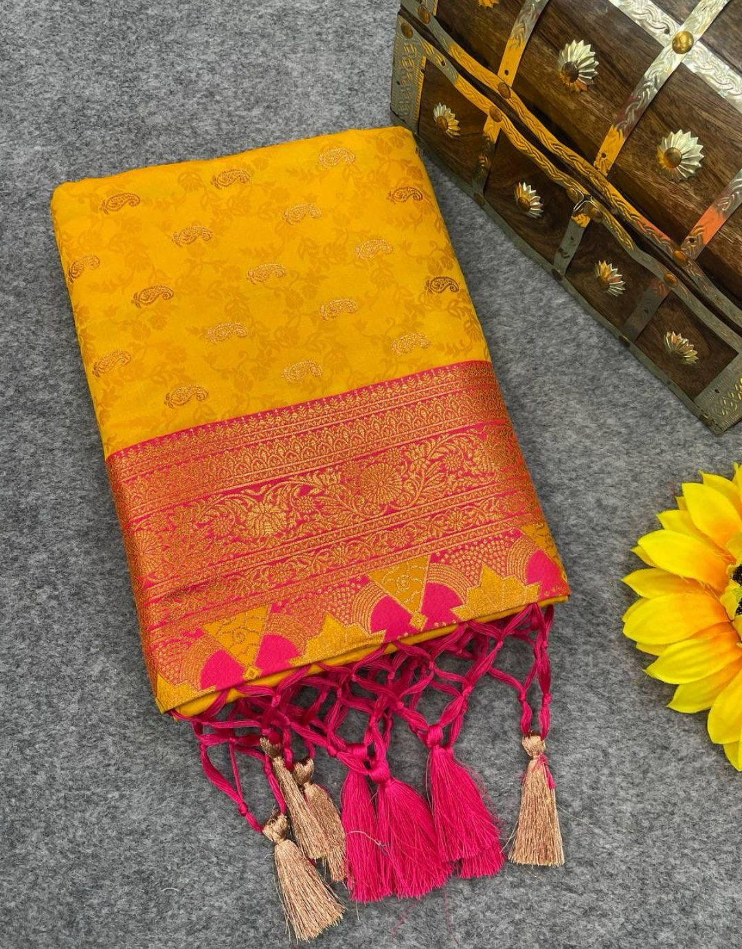 Neela Yellow Banarasi Satin Silk Saree