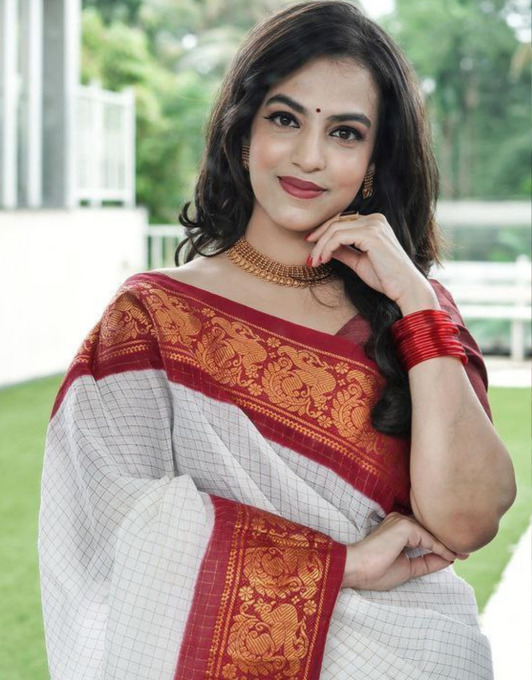 White Saree With Red Border | Red & White Tussar Silk | Ramdhanu Ethnic