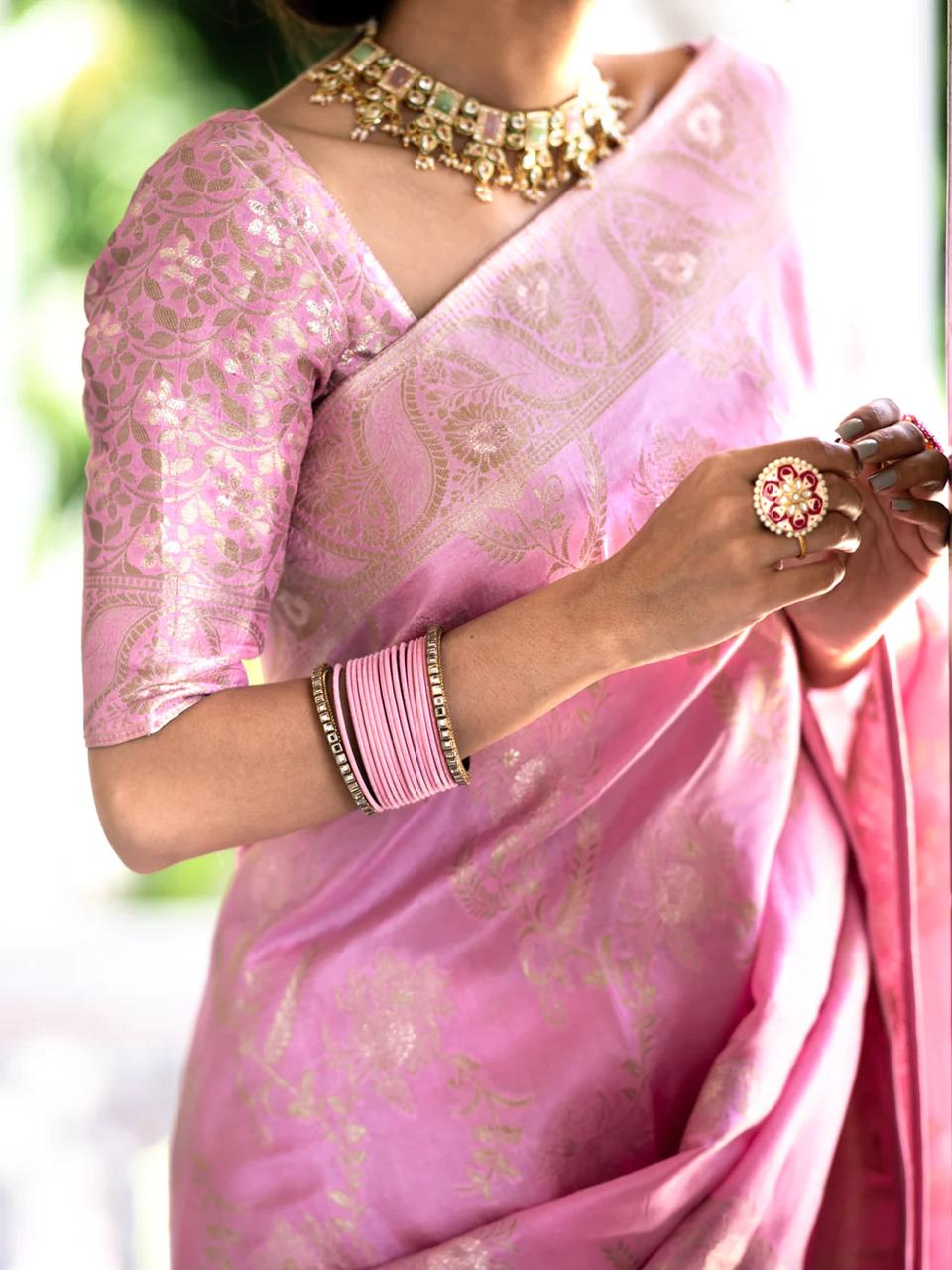 Hema Onion Pink Banarasi Silk Saree