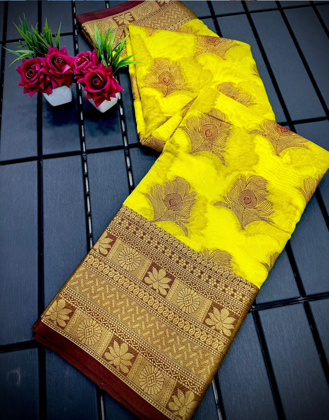 Vishakha Yellow-Brown Organza Silk Saree