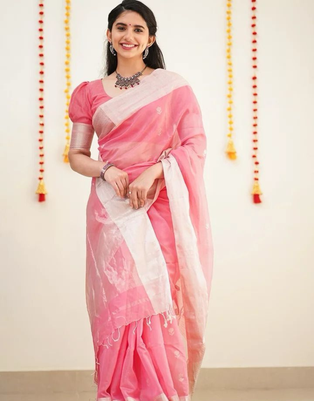 Vishwa Baby Pink Linen Cotton Saree