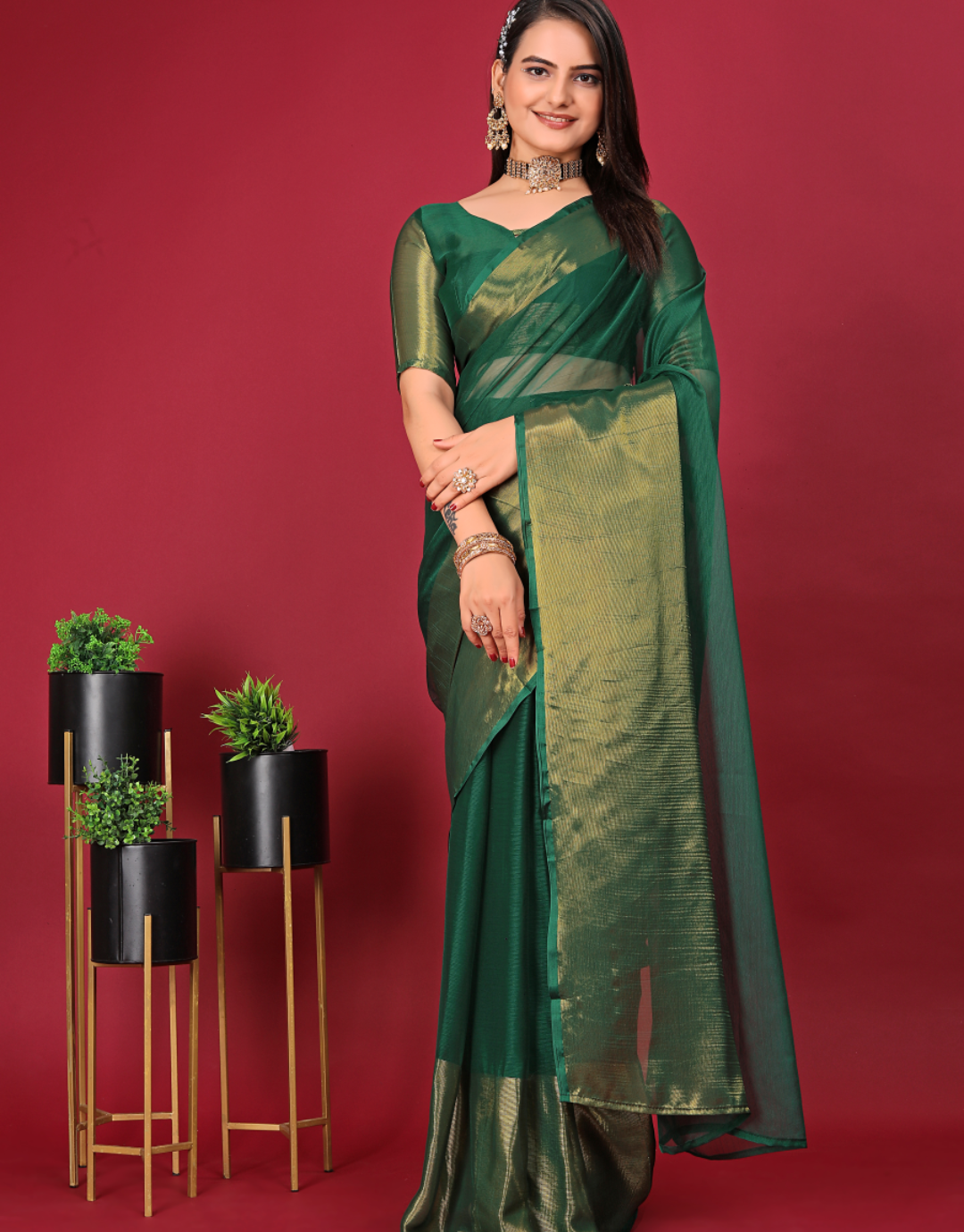 Priya  Dark Green Just One Minute Ready To Wear Soft Silk Saree