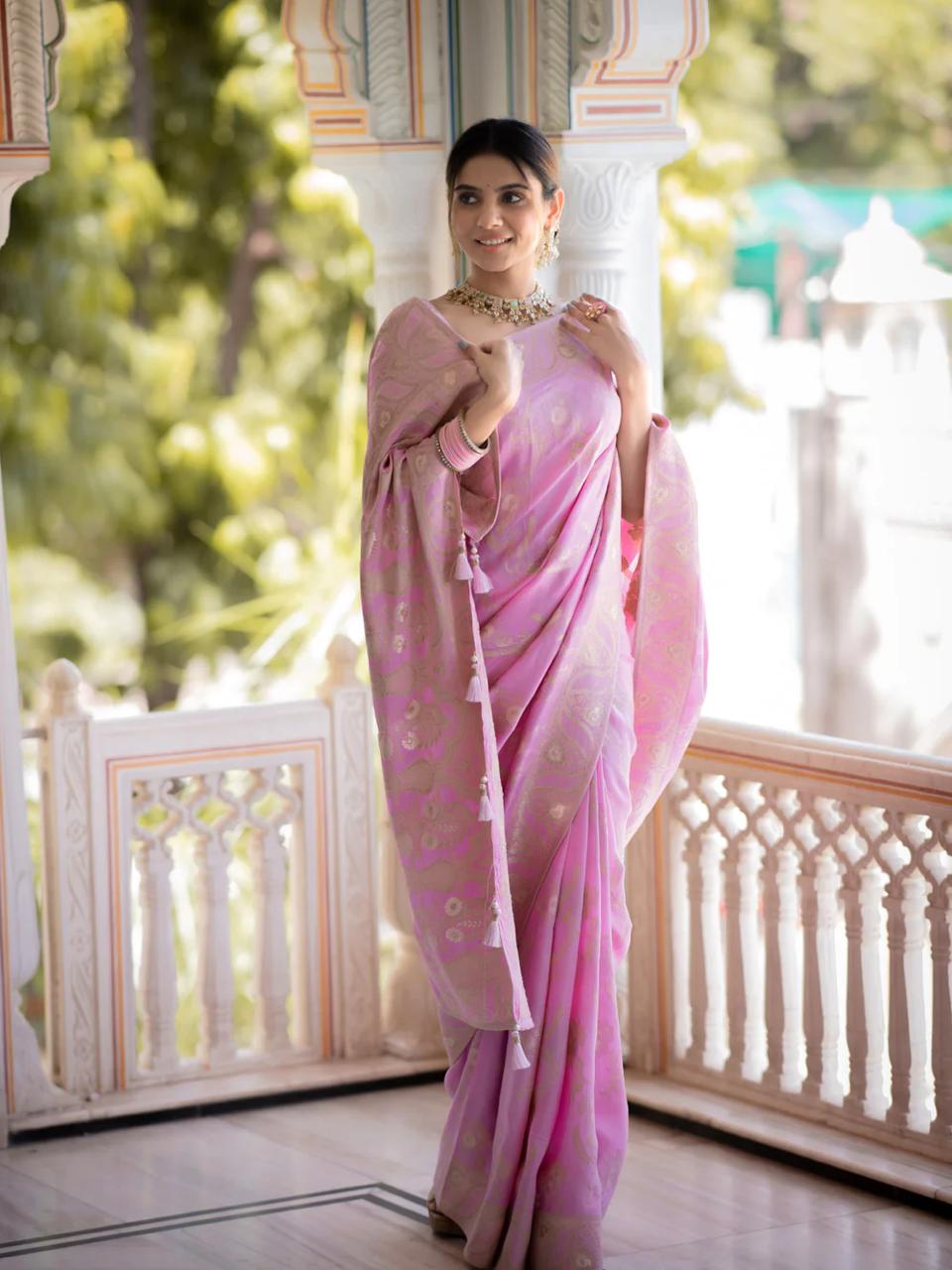 Hema Onion Pink Banarasi Silk Saree