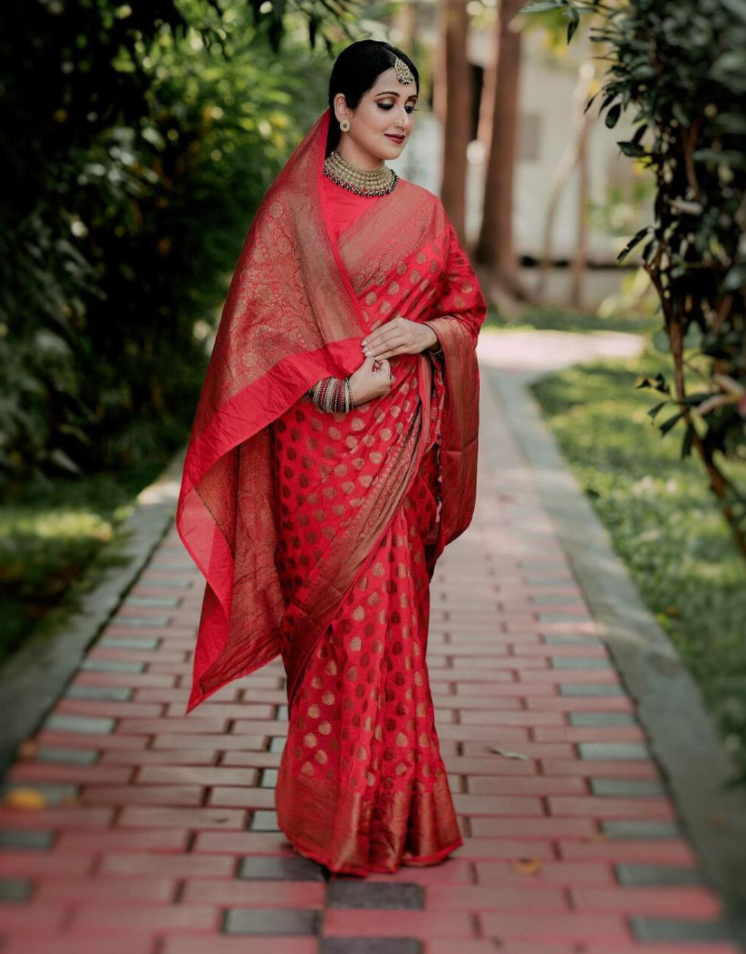 Red Jaal Katan Silk Handloom Banarasi Saree - Sacred Weaves