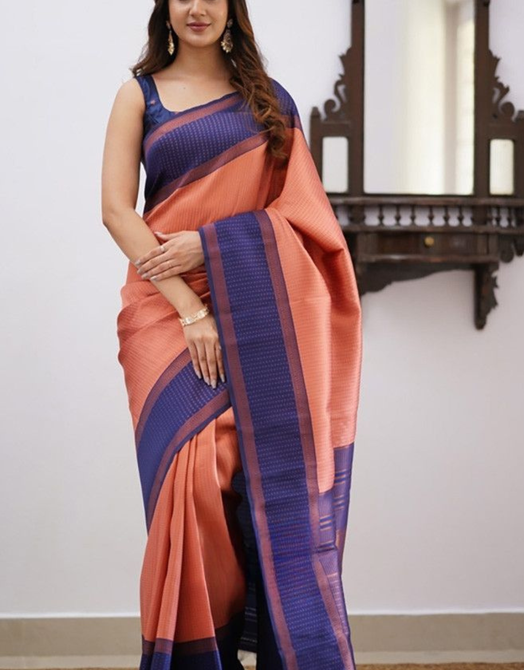 Nishu Dark Peach Kanchipuram Silk Saree With Attached Blouse