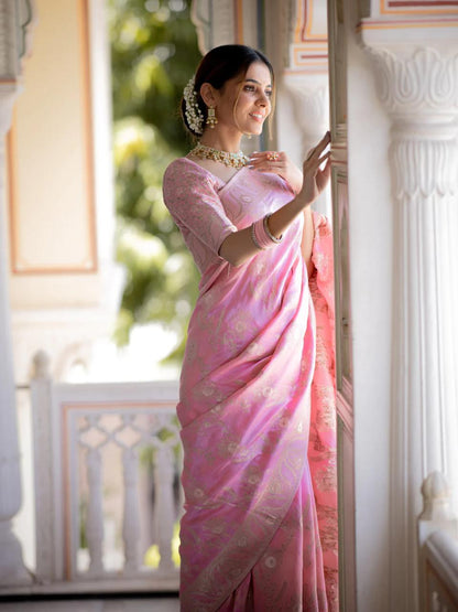 Hema Onion Pink Banarasi Silk Saree.