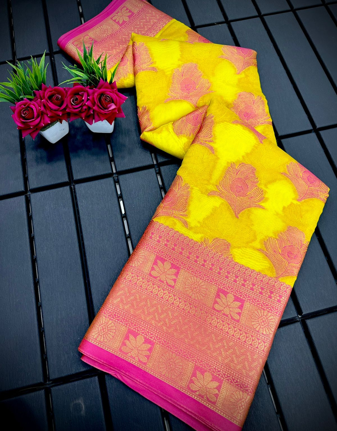 Vishakha Yellow-Pink Organza Silk Saree