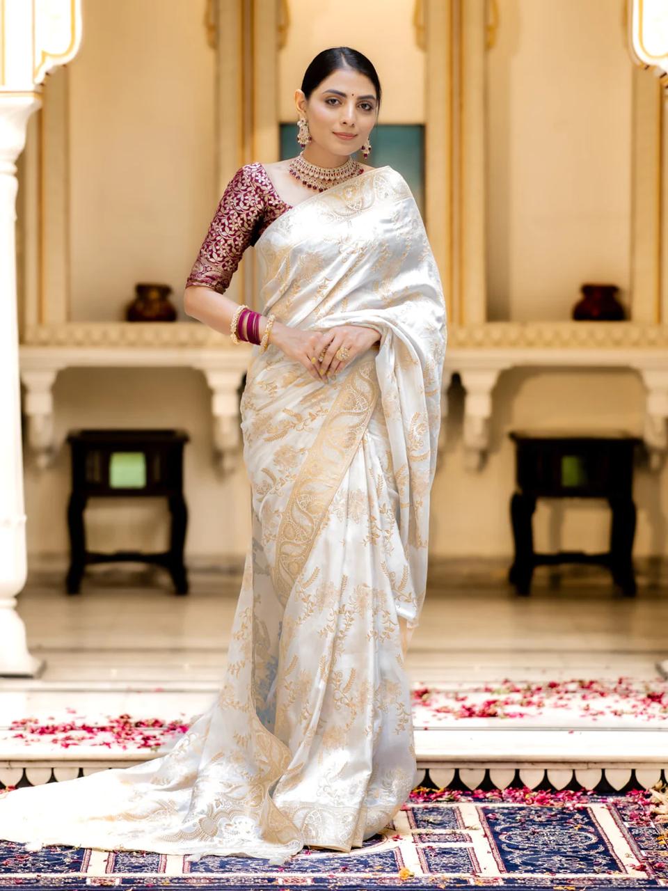 Hema White Banarasi Silk Saree