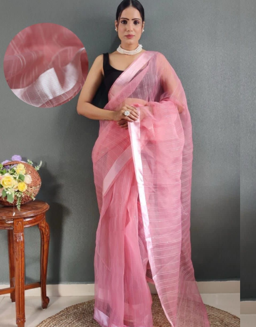 Meena Pink Ready To Wear Organza Saree