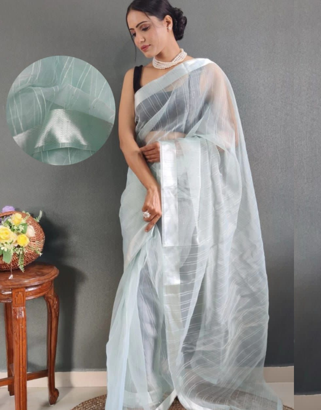 Buy Gajra Gang Vintage Rani Silver Sheer Organza Saree GGSAR10 (Free Size)  online