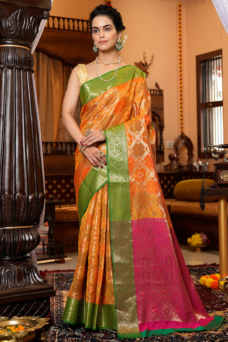 Buy Orange Silk Placement Woven Contrast Border Saree With Running Blouse  For Women by Resa by Ushnakmals Online at Aza Fashions.