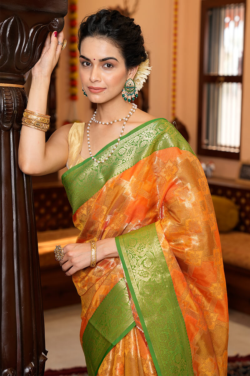 Orange Green Poly Silk Woven Design Banarasi Saree - Buy Orange Green Poly  Silk Woven Design Banarasi Saree online in India