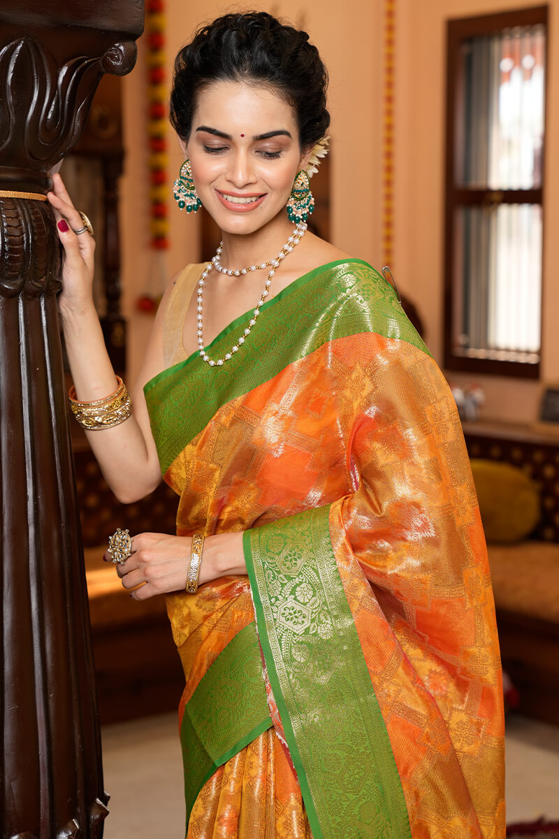 Tvis and Bliss. Orange and Green Pochampally Border Uppada Silk Saree