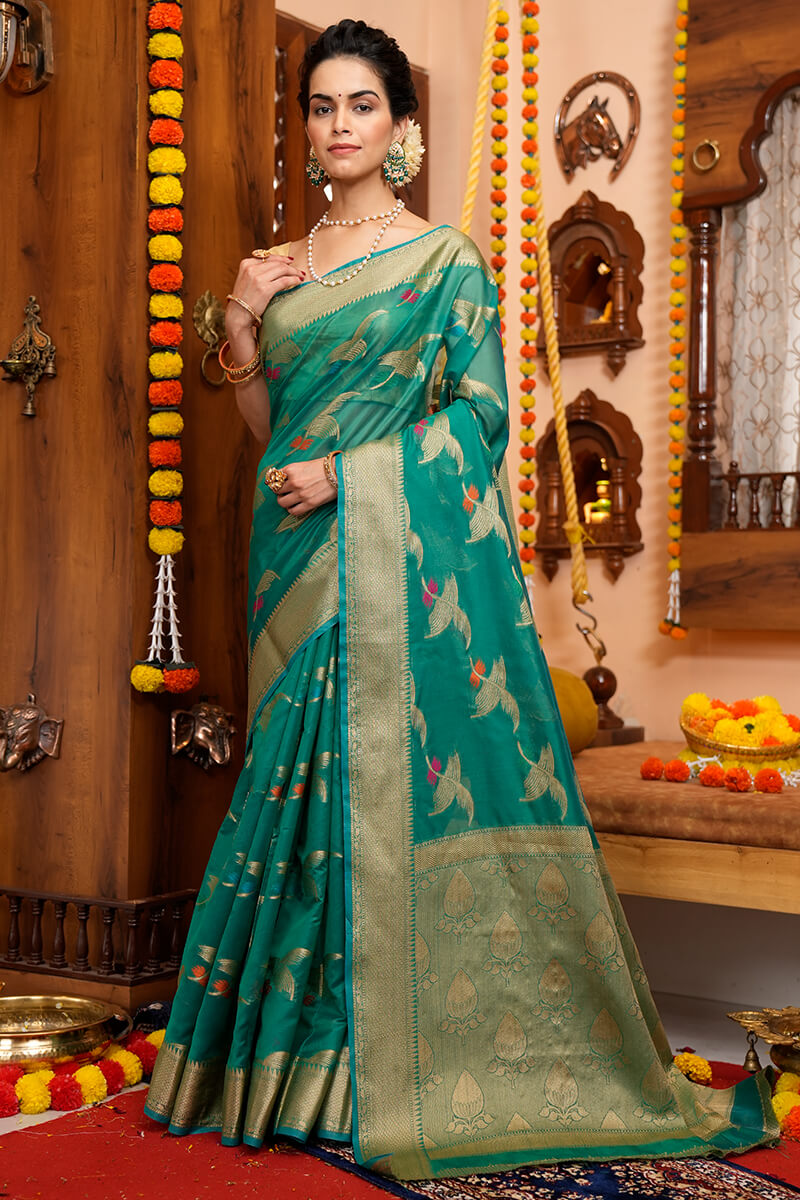 Rama Green Woven Silk Saree | Silk sarees, Silk sarees online, Blouse  designs