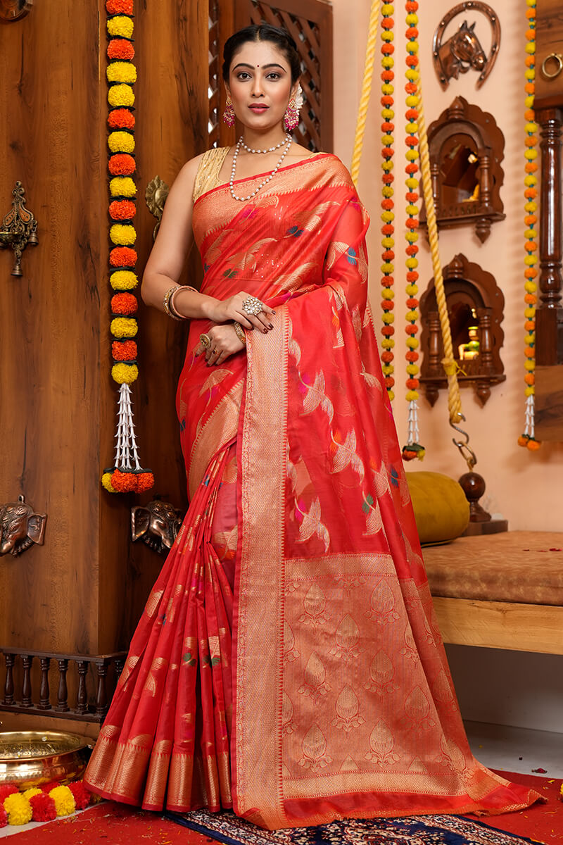 Yana Red Organza Silk Saree With Attached Blouse Piece