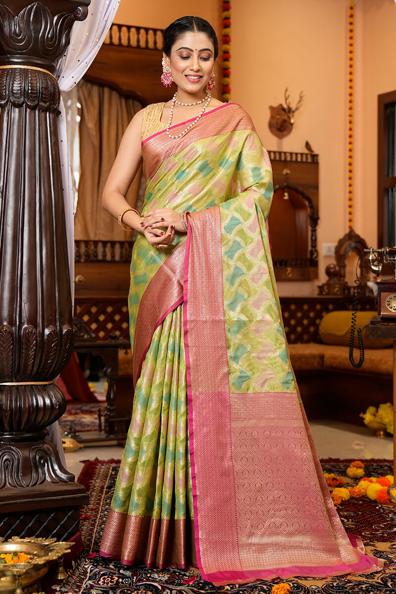 Rahi Green Organza Silk Saree With Attached Blouse