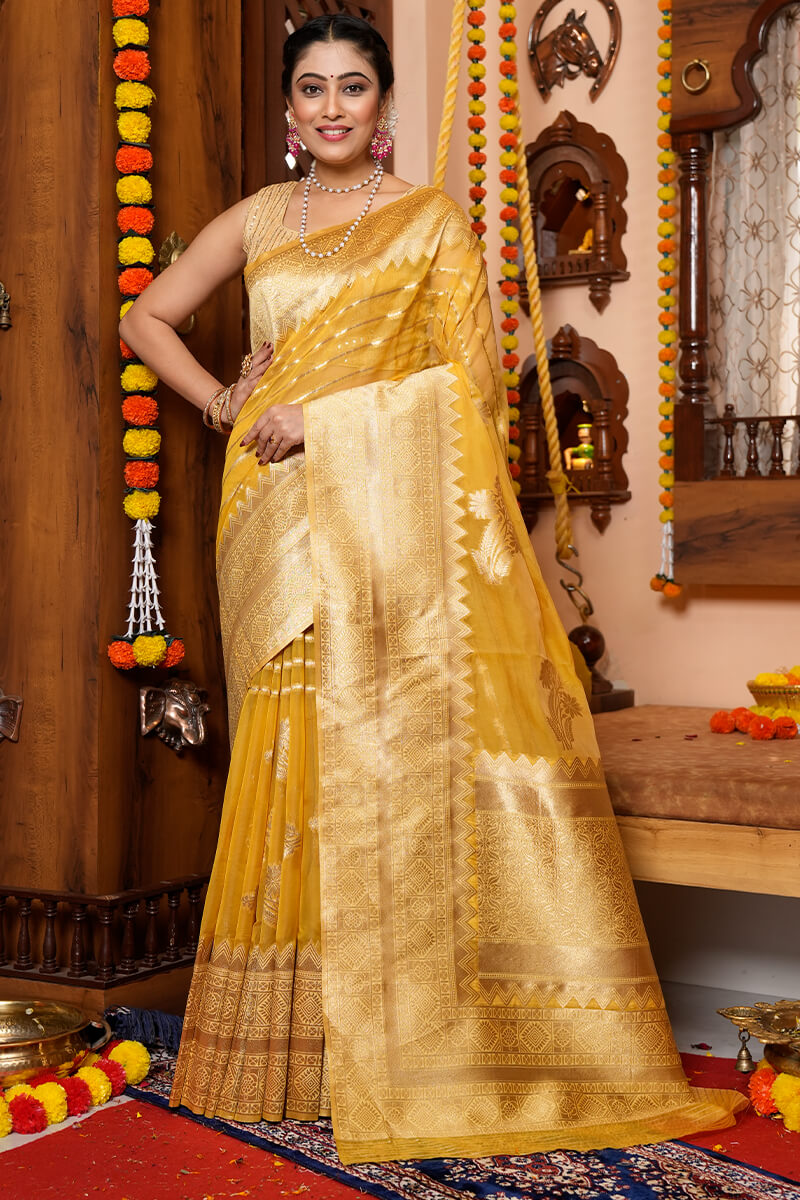 Jaya Yellow Organza Silk Saree With Attached Blouse